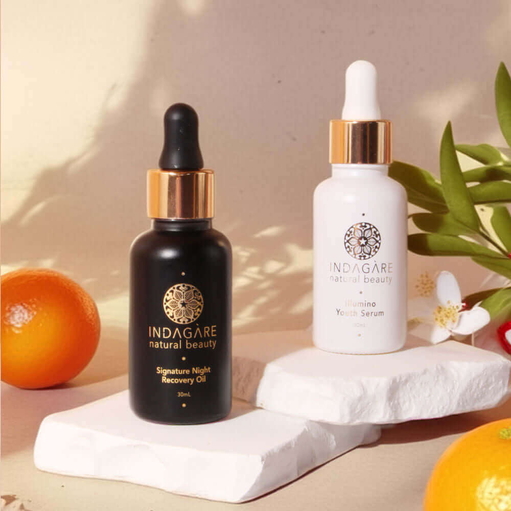 Indagare's most popular skincare set: full size Illumino Youth Serum for morning use and Signature Night Recovery Oil