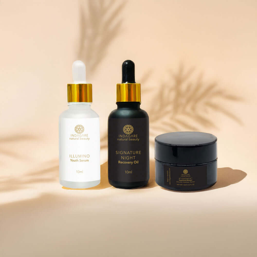Mini Organic Skincare Essentials Kit including Illumino Youth Serum, Signature Night Recovery Oil and Atonement Superfood clay face mask
