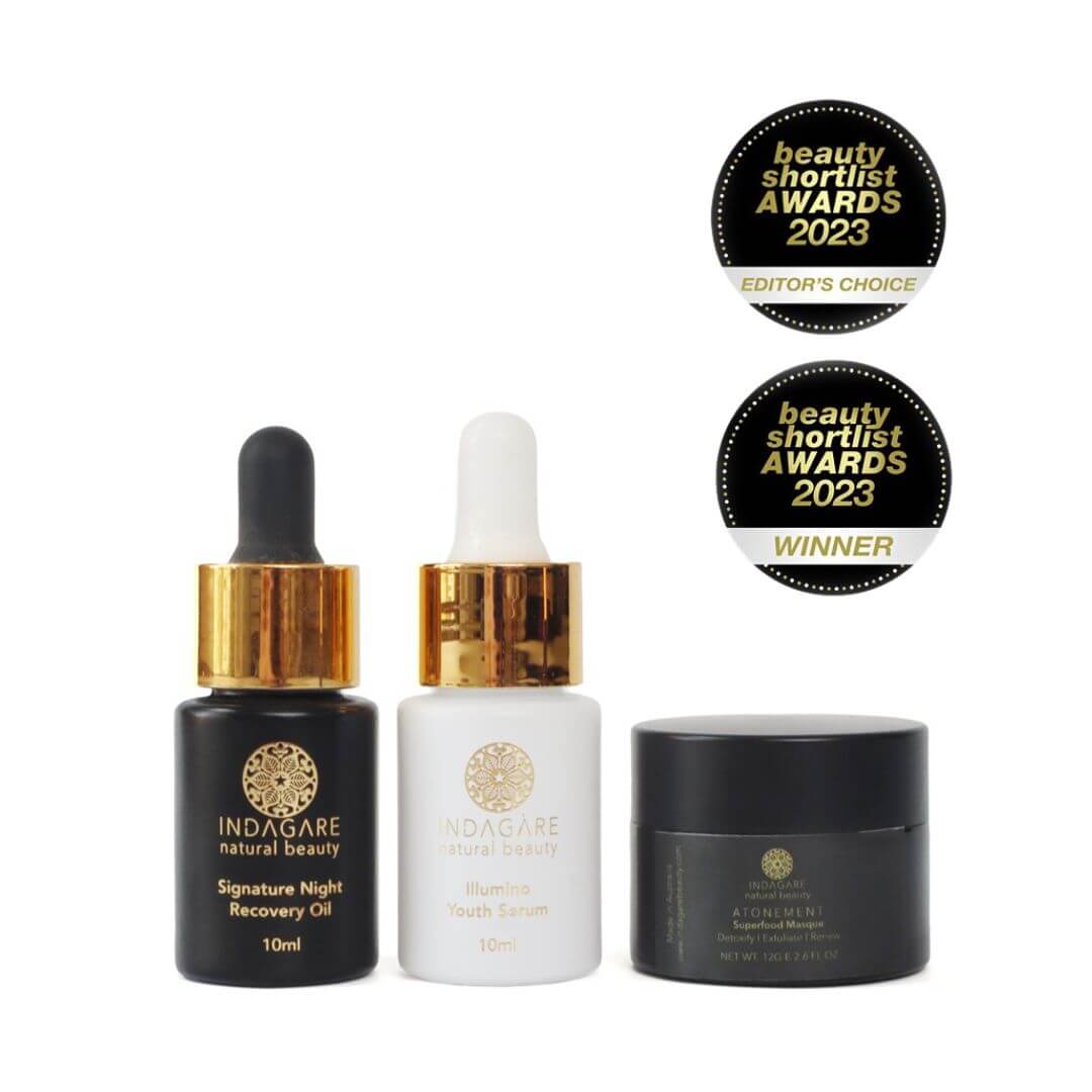 Mini Organic Skincare Essentials Kit including Illumino Youth Serum, Signature Night Recovery Oil and Atonement Superfood clay face mask