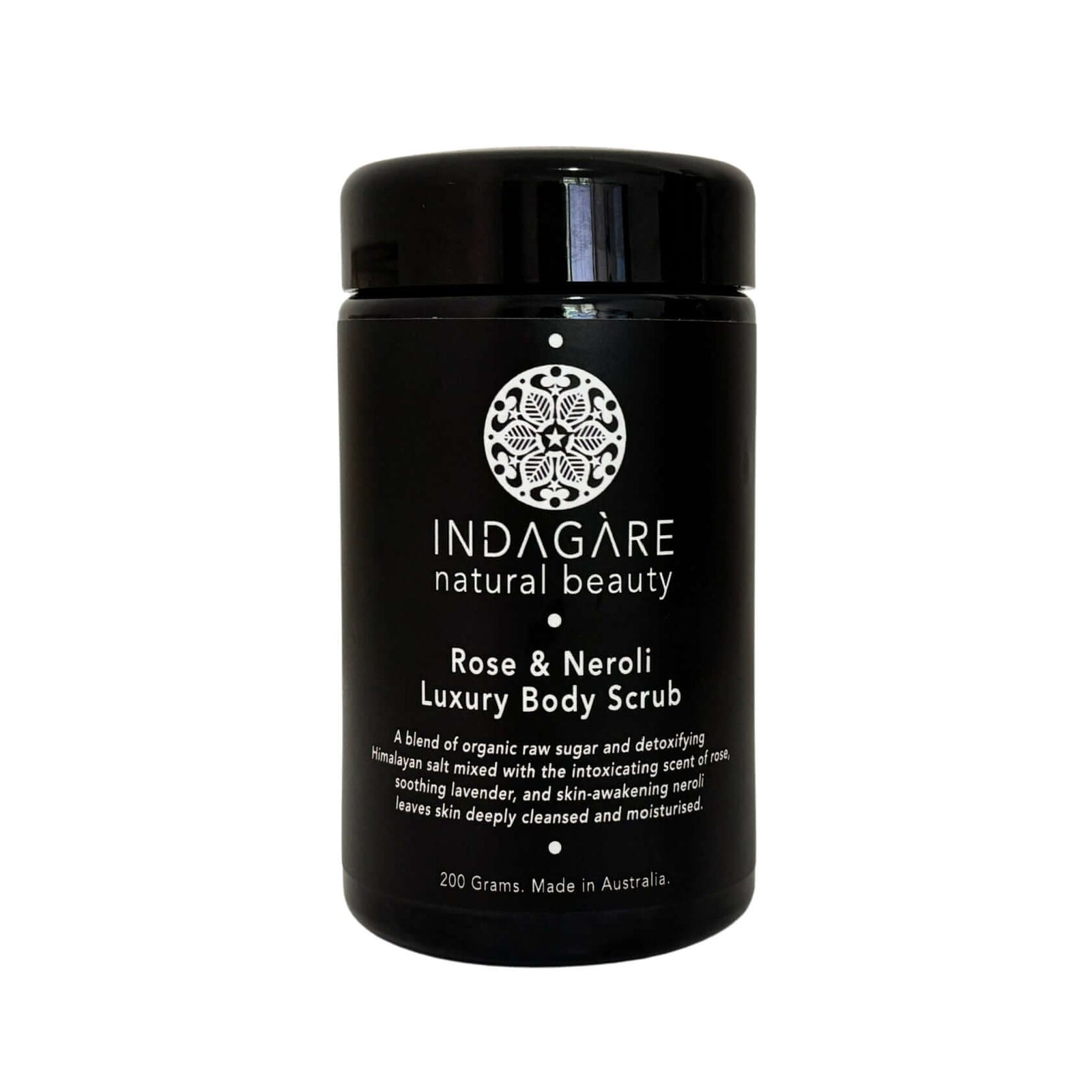 Black glass jar of Rose and Neroli Luxury Organic Body Scrub