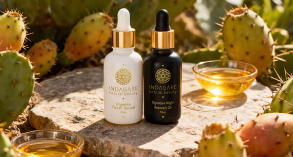 Organic prickly pear cactus with red fruit, the source of prickly pear seed oil used in Indagare Illumino Youth Serum