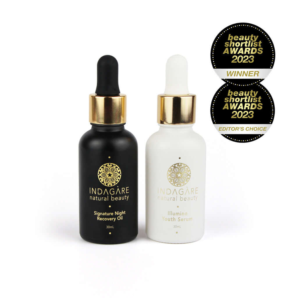 Morning and Night face oil skincare set including Illumino Youth Serum and Signature Night Recovery Oil