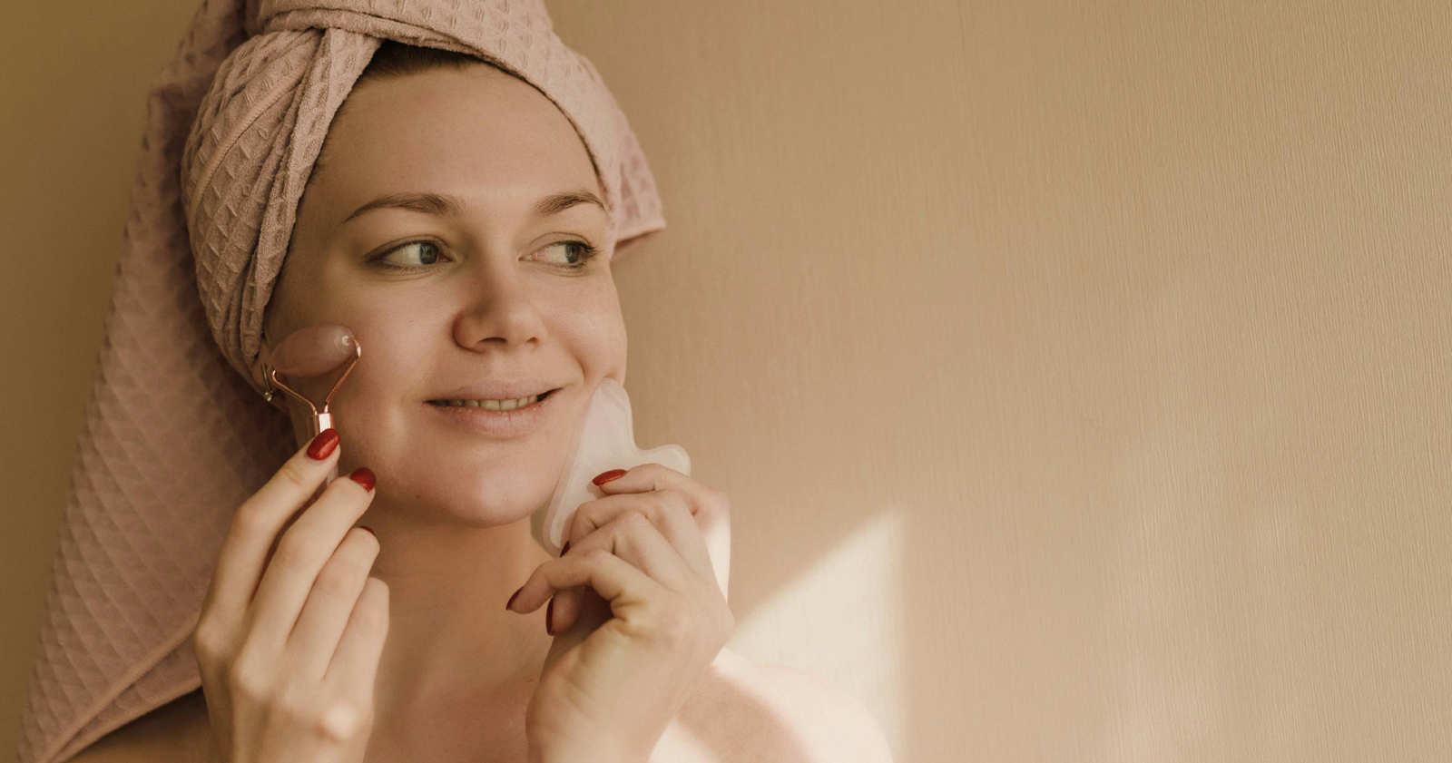 Woman demonstrating her natural skincare routine
