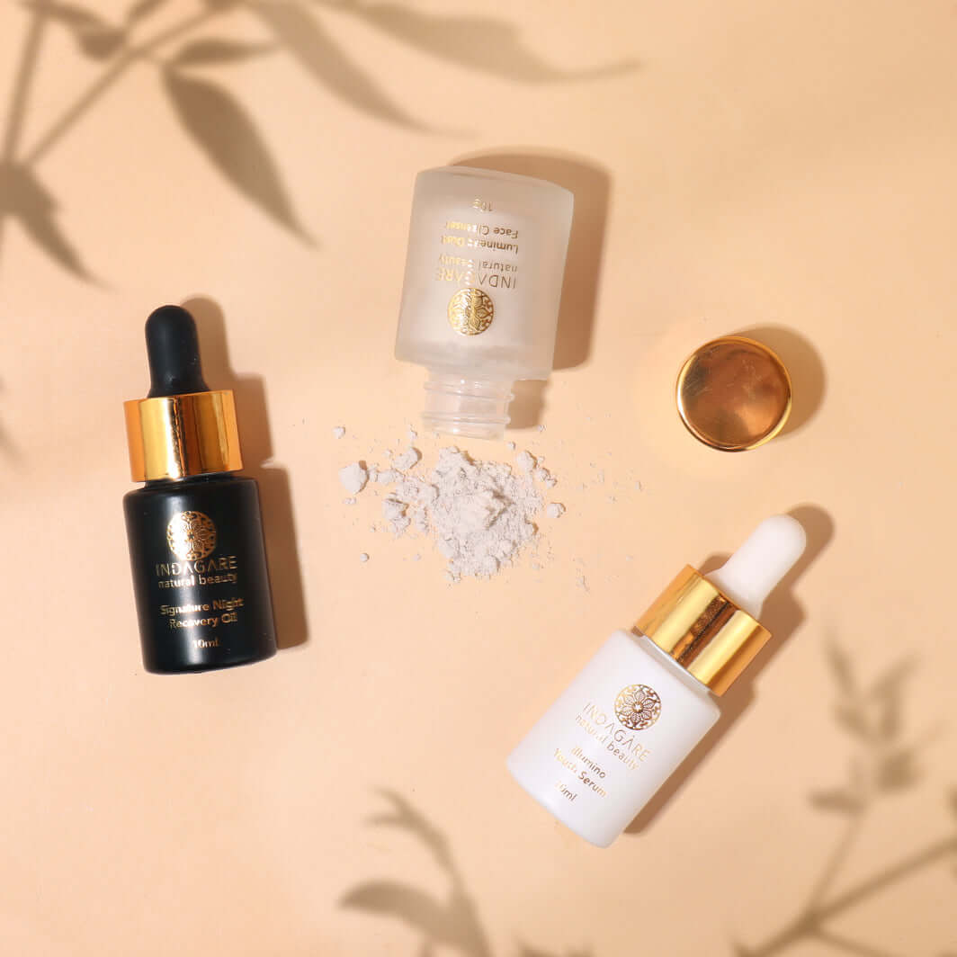Stylish display of our 3-step cleanser, morning serum and night oil skincare routine