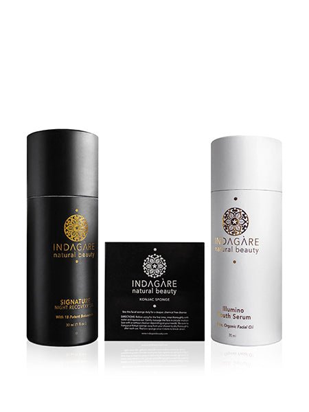 Indagare Glow Bundled Set - TWO Luxe Face Oils, Atonement Clay Mask &amp; Brush + Konjac Sponge. 10% Discount